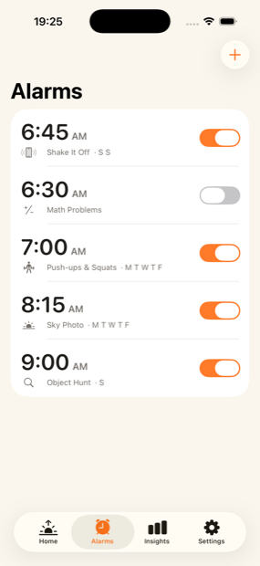Wakeyo alarm list with five alarms, each using a different mission