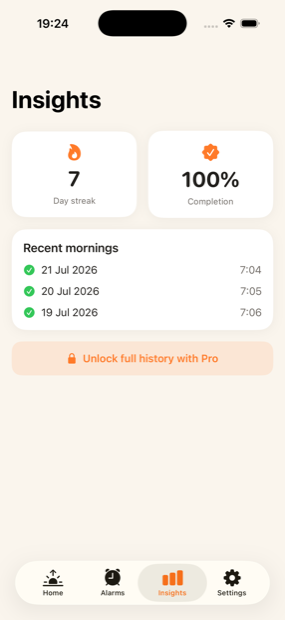Wakeyo progress screen showing a 7 day streak and 100% completion