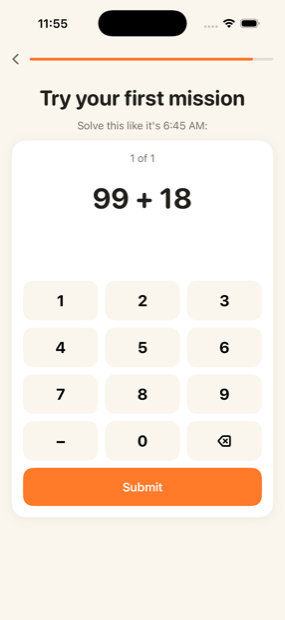 A Wakeyo math mission asking the user to solve 99 + 18 to dismiss the alarm